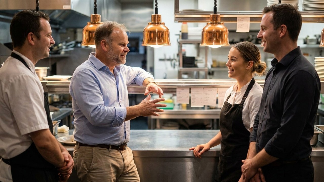 Ian with a hospitality team at the kitchen pass